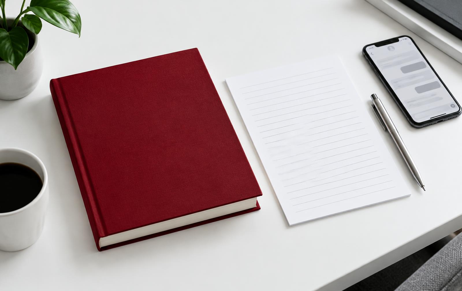 Editorial still life of an unbranded red book, notebook and phone on a bright desk